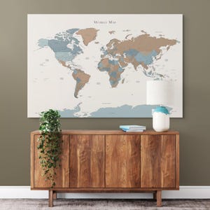 Druckbare detaillierte Weltkarte in Beige, Braun und Blau für Schlafzimmer, Home Office, Dekoration, Karte, Pinnwandkunst, Wohnzimmer-Wandkunst zum Ausmalen von Pinnwänden