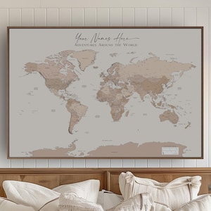 Push Pin Travel Map World Map Pin Board Travel Tracker Push Pin Custom Modern Minimalist Beige Coral Blush Large Wall Map Personalized