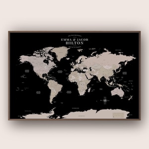 Push Pin Travel Map Large Wall Art Pin Board Minimalist Personalized Gift Modern Map Travel Map Poster Print Muted Dark Tones Black Beige