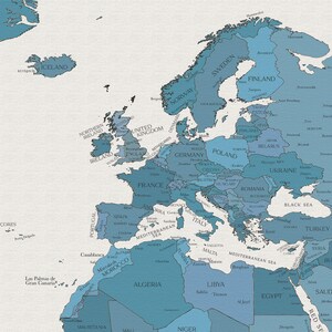 May include: A blue and white map of Europe and parts of Africa and Asia. The map shows country borders and names. The map is on a white background.