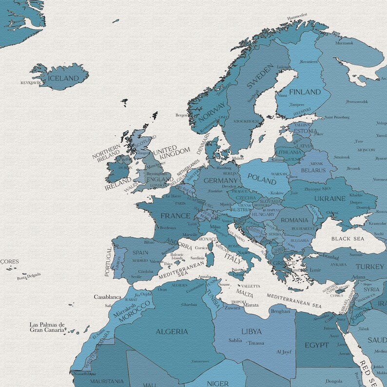 May include: A blue and white map of Europe and parts of Africa and Asia. The map shows country borders and names. The map is on a white background.