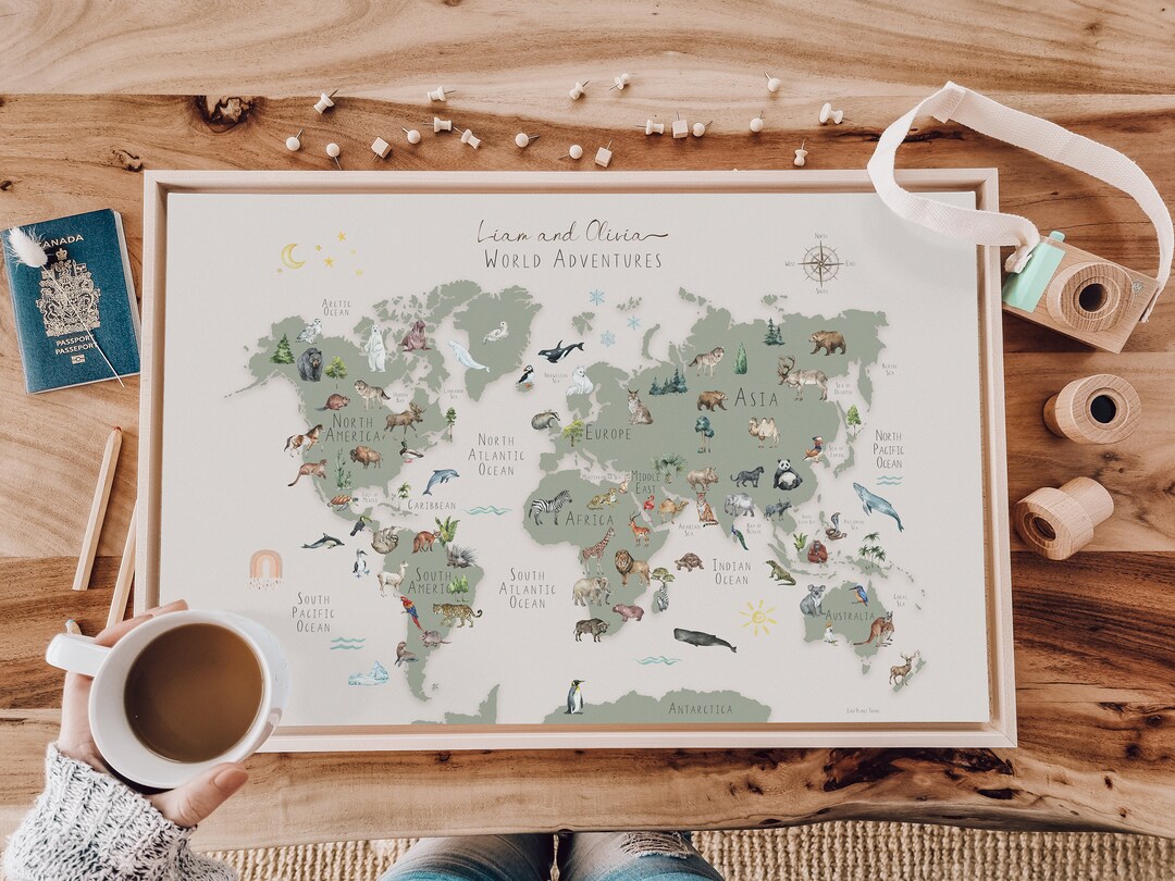 World Map Wall Art Kids ~ Sage Green ~ Animal Kid Nursery World Map ...