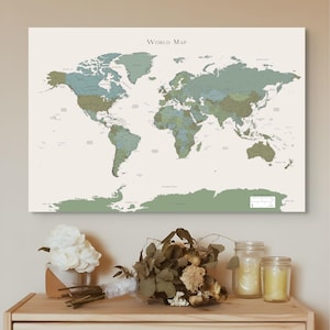 Printable Detailed World Map Green Sage Teal for Bedroom Home Office Decor Map Push Pin Wall Art Living Room Wall Art To Color Push Pins