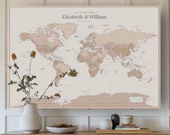 Custom Pin Board Travel Tracker Push Pin Beige Pink Blush Gold Wall Map Personalized Push Pin Travel World Map Above Console Home Decor