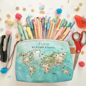 Étui à crayons cadeau personnalisé retour à l'école fourniture scolaire carte du monde aquarelle étiquette matériel scolaire personnalisé
