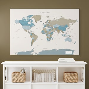 Printable Detailed World Map Blue Beige Gray for Home Office Decor Bedroom Map Push Pin Wall Art Living Room Wall Art To Color Push Pins
