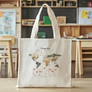 Cadeau institutrice personnalisé Sac tote magasinage personnalisé Sac toile coton Cadeau appréciation carte monde voyage rose rouge français
