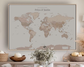 Push Pin Travel World Map Pin Board Push Pin Custom Modern Farmhouse Minimalist Beige Blush Oversize Wall Map Personalized Tracker Dining