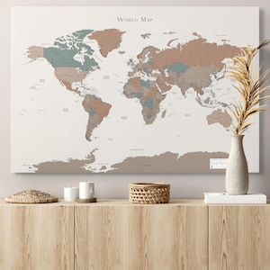 Printable Detailed World Map Beige Brown Teal for Home Office Decor Bedroom Map Push Pin Wall Art Living Room Art Push Pins