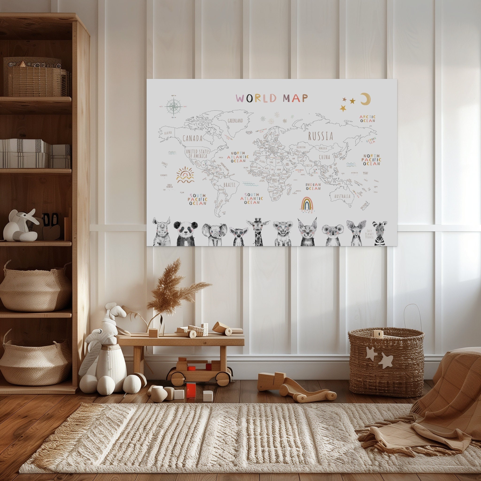 Printable World Map for Kids With Animals to Color - Etsy