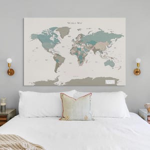 Printable Detailed World Map Teal Turquoise Sage Teal Blue for Home Office Decor Bedroom Map Push Pin Wall Art Living Room Art Push Pins