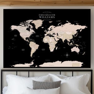 Push Pin Travel Map Large World Map Dark Wall Art Decor Travel Map Push Pin Gift Home Office Modern Black Beige Minimalist Personalized