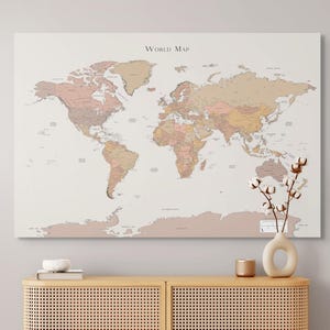Printable Detailed World Map Yellow Pink Beige for Bedroom Home Office Decor Map Push Pin Wall Art Living Room Wall Art To Color Push Pins