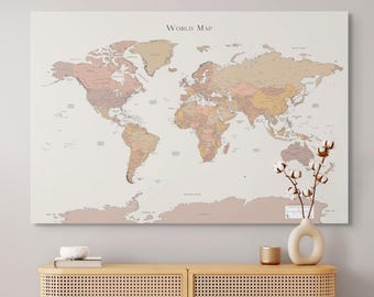 Printable Detailed World Map Yellow Pink Beige for Bedroom Home Office Decor Map Push Pin Wall Art Living Room Wall Art To Color Push Pins