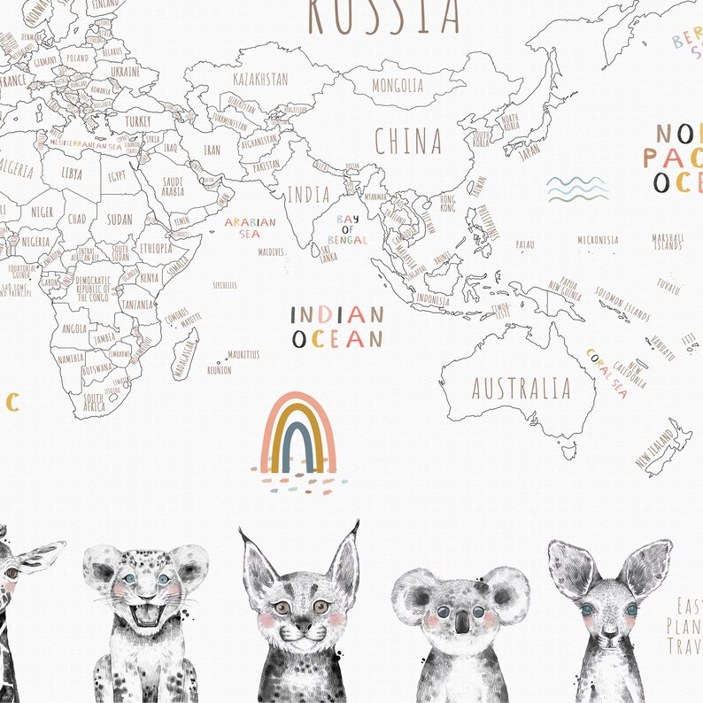 Printable World Map for Kids With Animals to Color - Etsy
