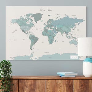 Printable Detailed World Map Blue Teal Turquoise for Bedroom Home Office Decor Map Push Pin Wall Art Living Room Wall Art To Color Push Pins