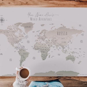 Custom World Map Personalized Gift Hand-Drawn Sage Green and Beige Coffee Gradient