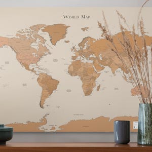 Printable Detailed World Map Orange Beige for Bedroom Home Office Decor Map Push Pin Wall Art Living Room Wall Art To Color Push Pins
