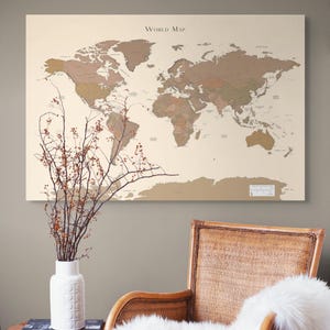 Mapa del mundo detallado imprimible en marrón y beige para la decoración del hogar, la oficina, el dormitorio, el mapa, el arte de pared con chinchetas, el arte de pared para la sala de estar para colorear con chinchetas
