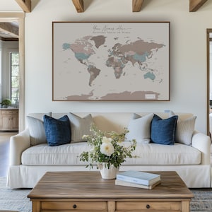 World Map Push Pin Custom Wall Art Extra Large World Map Executive Political Home Office Custom Map Teal Beige Brown, in English and French
