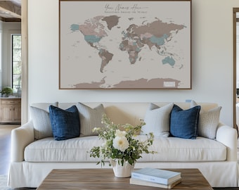 World Map Push Pin Custom Wall Art Extra Large World Map Executive Political Home Office Custom Map Teal Beige Brown, in English and French