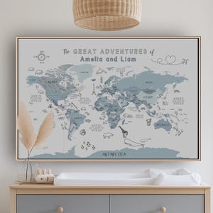 Push Pin Kid World Map Wall Art Travel Children Map Print Nursery Boy Bedroom Gender Neutral Wall Map Canvas Minimalist Blue Gray Nursery