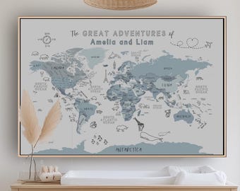 Push Pin Kid World Map Wall Art Travel Children Map Print Nursery Boy Bedroom Gender Neutral Wall Map Canvas Minimalist Blue Gray