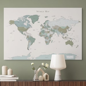 Printable Detailed World Map Sage Green for Home Office Decor To Color Push Pins