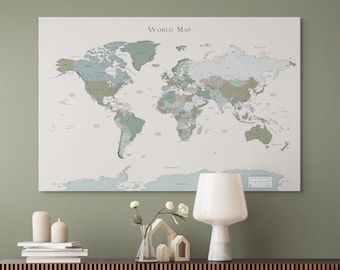 Printable Detailed World Map Sage Green for Home Office Decor To Color Push Pins