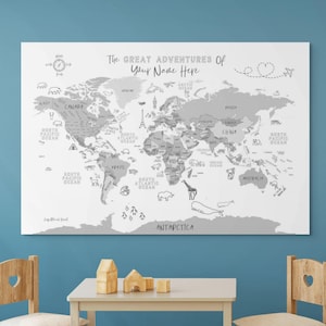Custom Printable World Map for Kids to Color Gray Nursery Wall Art Playroom Personalized World Map with Animals