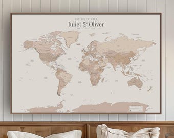 Push Pin Travel Map World Map Pin Board Travel Tracker Push Pin Custom Modern Minimalist Beige Coral Blush Large Wall Map Personalized