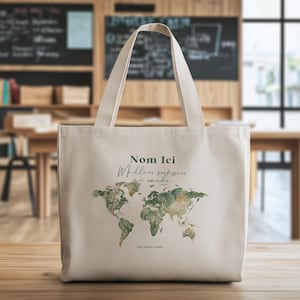 Cadeau professeure personnalisé Sac tote magasinage personnalisé Sac toile coton Cadeau appréciation carte monde voyage vert français