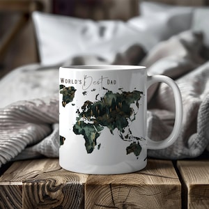 Personalisiertes Geschenk für Papa, Geschenk für Ihn, Kaffeetasse, Keramik, Väter-Monogramm, Kaffeetasse, personalisierte Tasse, Holz, Weltkarte, Reisegeschenke