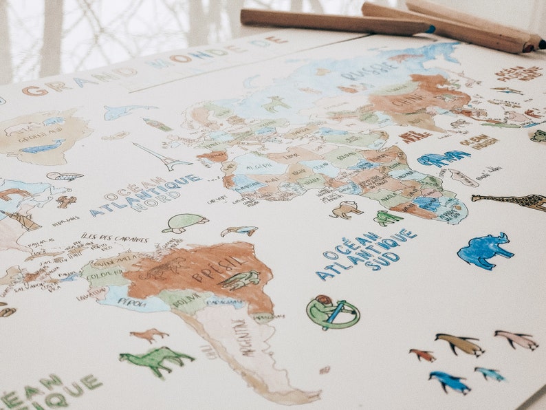 Carte du monde en français pour enfant à colorier mappemonde imprimable image 5
