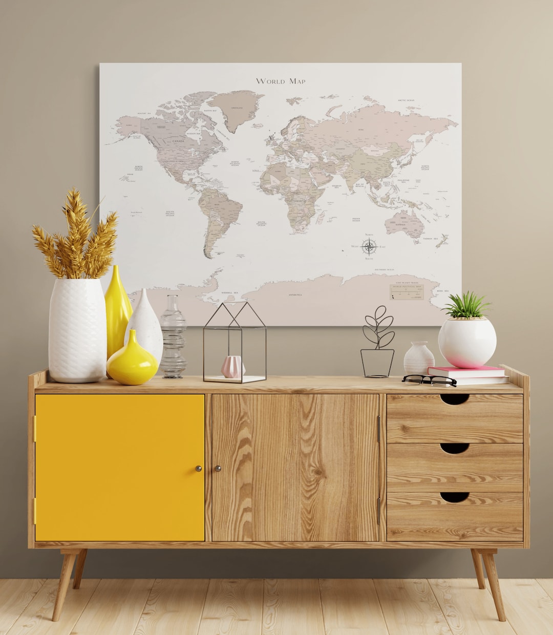 Personalized Printable Detailed World Map Muted Neutral Tone Beige for ...