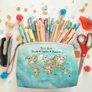 Pencil Case Personalized Gift Back to School Supply World Map Watercolor Label Personalized School Equipment
