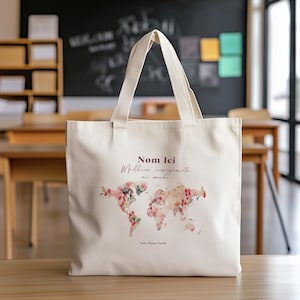 Personalized Gift Cotton Canvas Tote Bag Custom Gift Teacher Appreciation Custom Gifts Teacher Cherry World Map in French and English