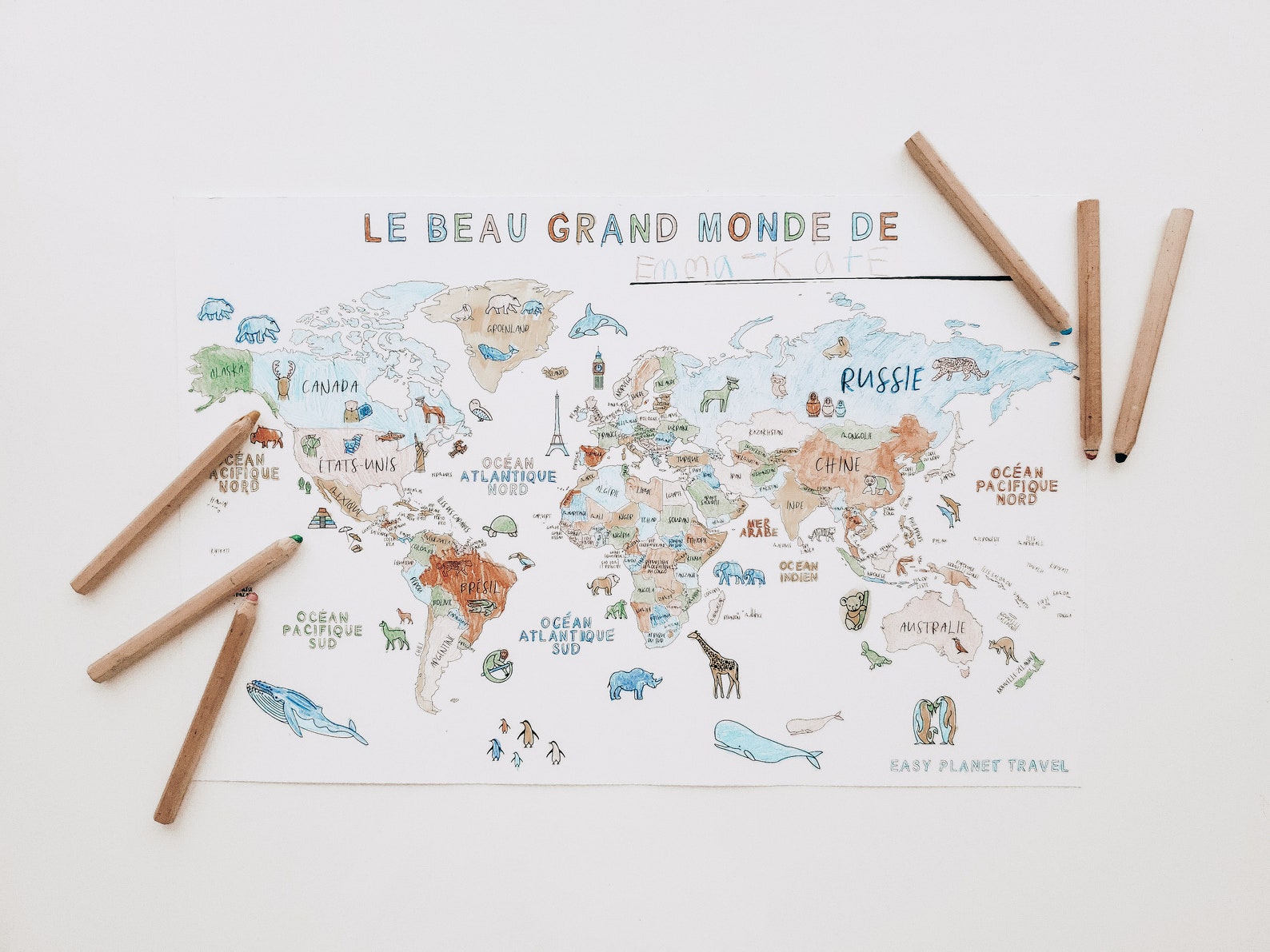Personalized Printable World Map for Kids to Color in French - Etsy