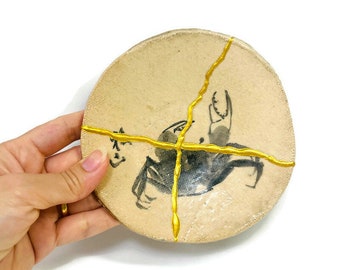 Vintage japanischer Kintsugi-Teller, Keramikfarbe, Krabbenmuster, Kintsugi-Geschenke, personalisiertes Geschenk, alles Gute zum Geburtstagsgeschenk, Muttertagsgeschenk, Home de