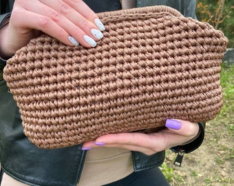 Handmade fashionable evening bag, Crochet knitted clutch, Bag made of knitted yarn under the skin.