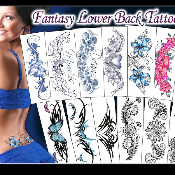 Fantasy Lower Back Tattoo Package, Beach Vacation Tattoos, Bachelorette Party Back Tattoos, Girls Trip Tattoos
