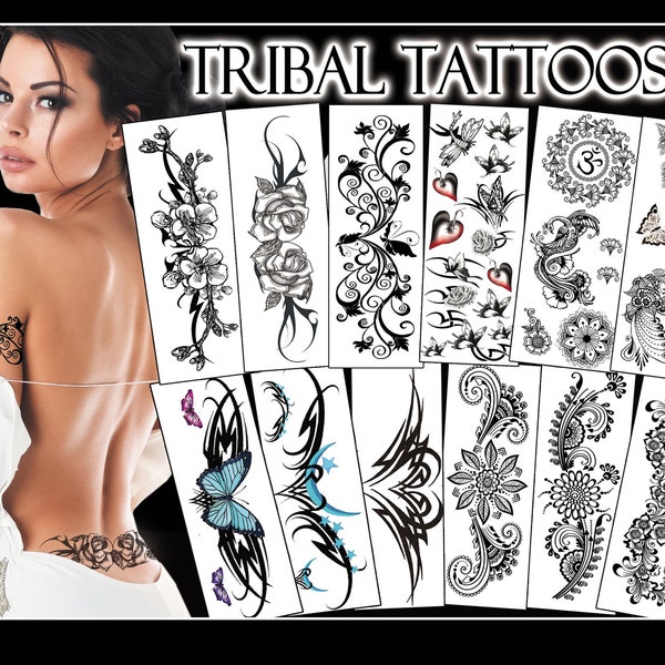 Tribal Tattoo Art Package, Floral & Butterfly Temporary Back Tattoos, Girls Trip Tattoo Pack, Bachelorette Party Tattoos