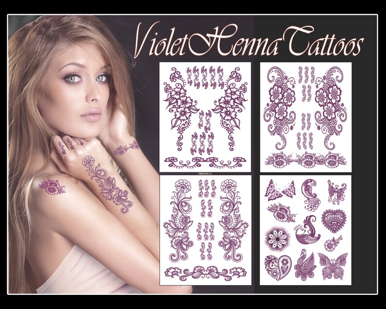 Violet Henna Tattoo Package, Bridal Shower Tattoos, Mehndi Party, Indian Wedding Tattoos, Elegant Henna Tattoos image 1