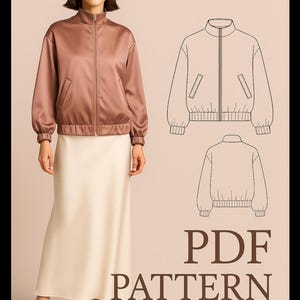 Puede incluir: Una mujer con una chaqueta bomber de satén color rosa y una falda color crema. La imagen incluye un dibujo lineal de la chaqueta y el texto "SartaBarbara PATTERNS" y "PDF PATTERN Printable IT 38-52".