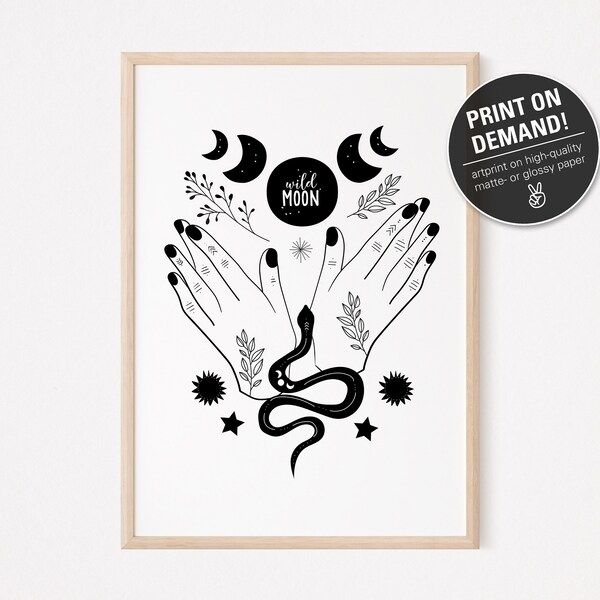 Mural | art print | Posters | Print black and white | Boho living | ready to frame | mystical hands with phases of the moon | Snake