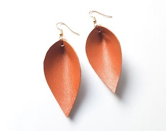 LEATHER EARRINGS | Cognac color | Leaf earrings | lightweight everyday earrings | handmade | unique | Nappa leather