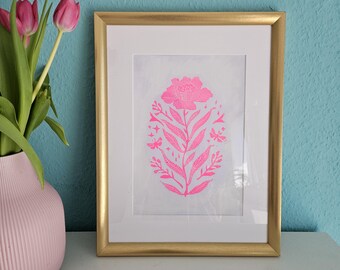 Flower linocut | handmade | neon magenta flowers | handmade paper | flowers | high-quality linocut