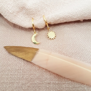 24 carat gold-plated mini hoop earrings with pendant, sun and moon, minimalist, gift idea