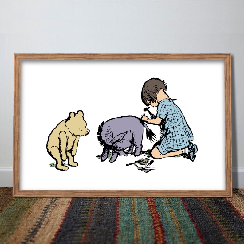 Printable Winnie the Pooh Print and PNG, AA Milne Illustration, Ink Drawing, Eeyore Gets Tail ...