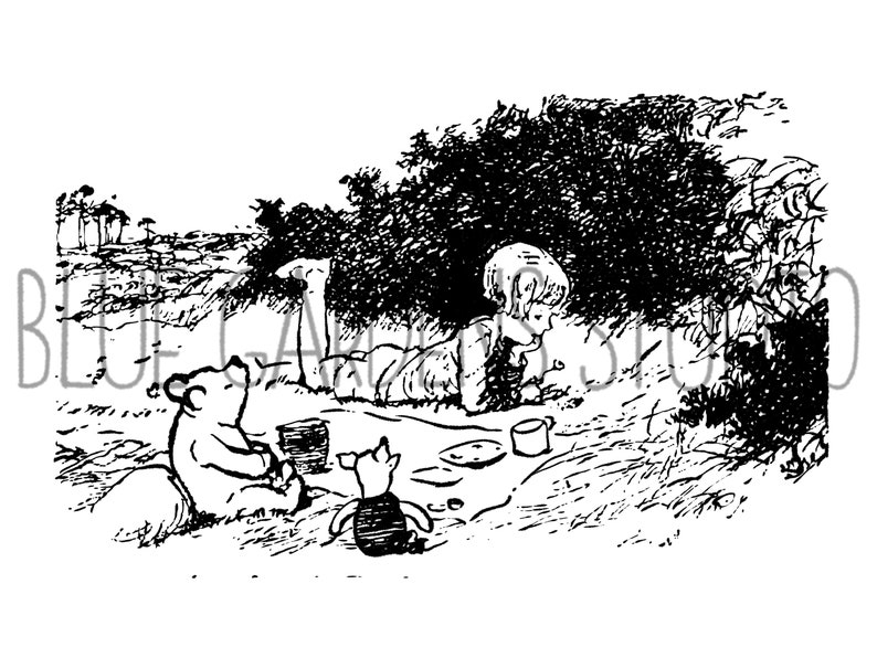 Printable Winnie the Pooh Print and PNG, AA Milne Illustration, Ink